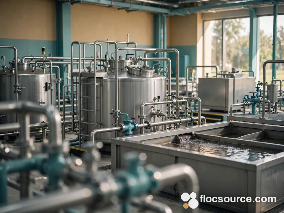 Stainless steel tanks in a food plant wastewater room