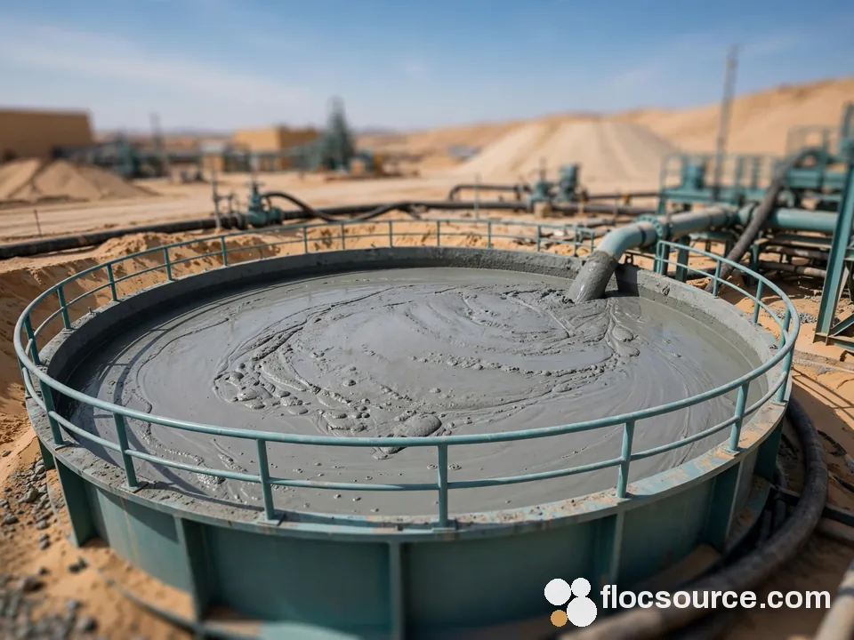Tailings thickener filled with grey slurry at a mine site