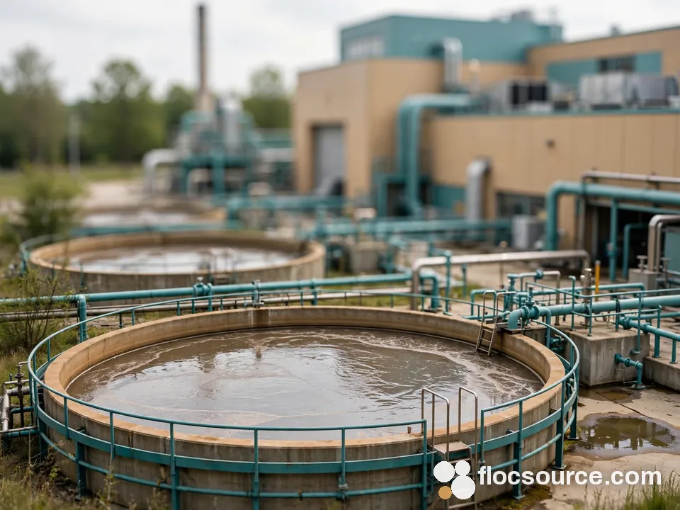 Wastewater tanks beside a paper mill building