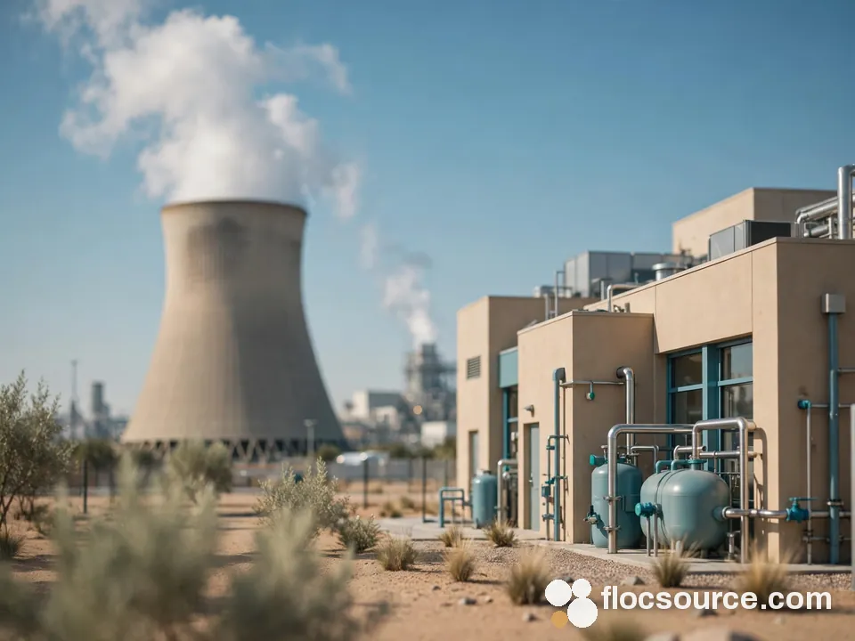 Power plant cooling tower beside a water treatment building