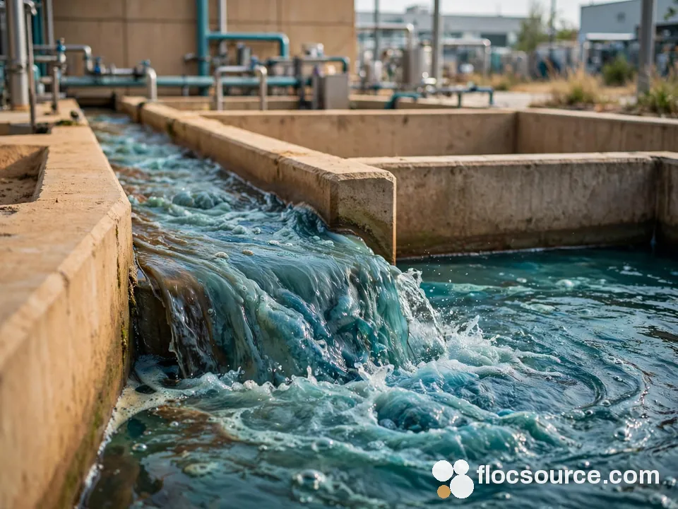 Coloured dye-house effluent flowing into a treatment tank